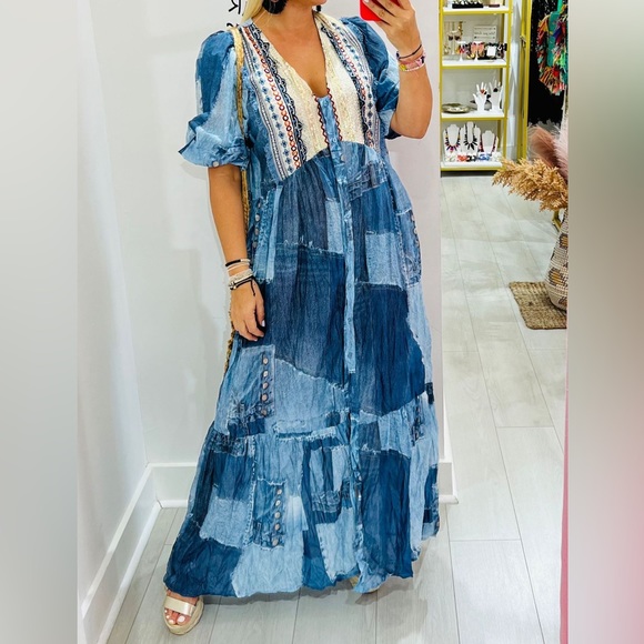 LINEA MODA Made In Italy Short Sleeve Maxi Pleated Dress